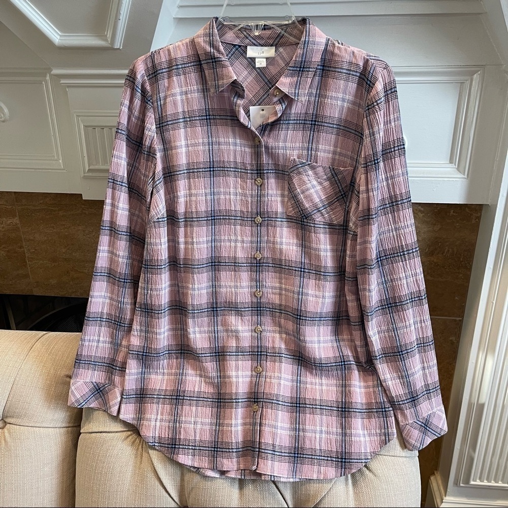 Aj: NWT J. Jill Gauze Plaid Button Up Long Sleeve Shirt Top Size XS Iceberry M